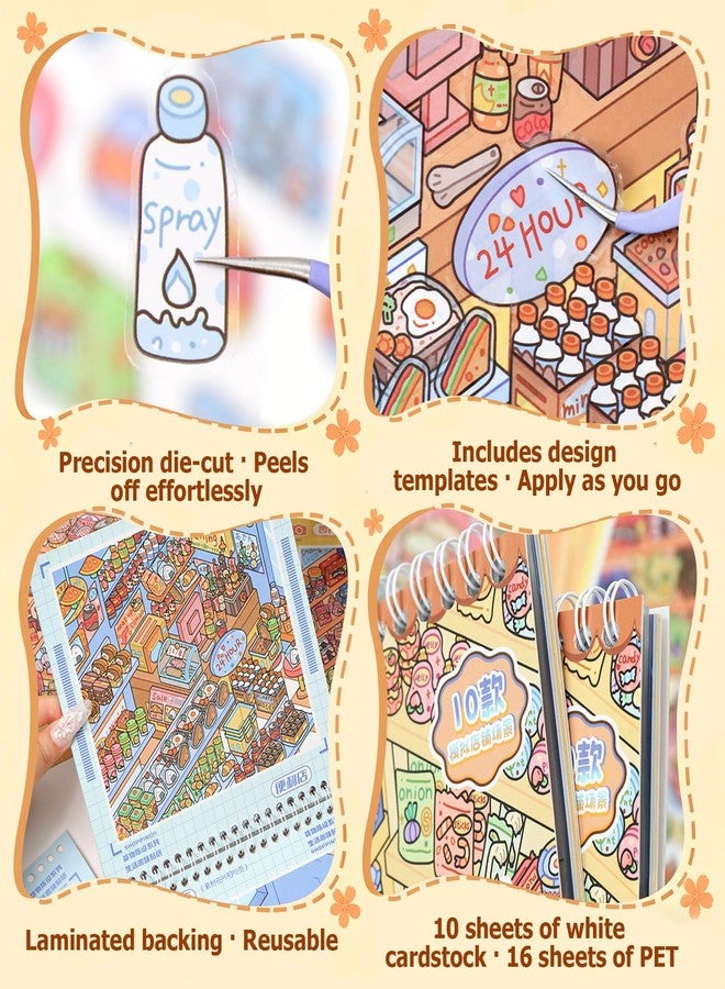 Tzwhwcx 3D Sticker Scene for Adults – DIY Scene Stickers Miniature Supermarket Shelf Restocking Kit with Tweezers, PET Craft Stickers for Stress Relief, Friends Party, Cute Fidget Sticker Book for All Ages - Image 5