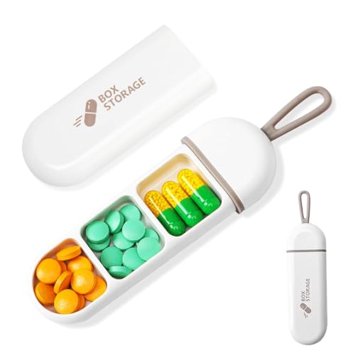 HANNEA® Travel Pill Organizer, 3 Compartments Portable Pill Box with Carrying Rope, Daily Pill Box to Hold Vitamins, Small Pill Container for Pocket Purse Medicine Organizer, White - Image 1