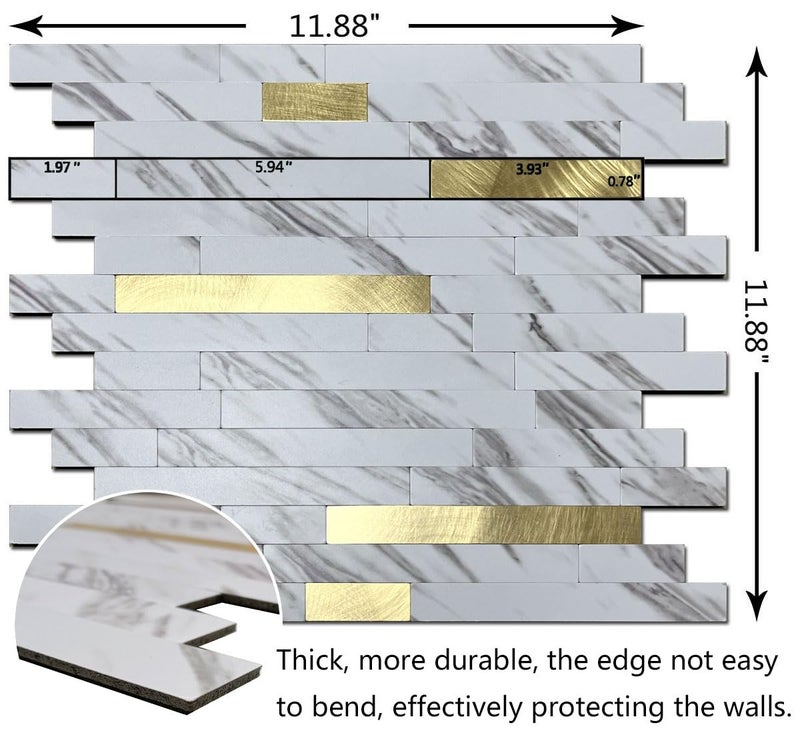 weimeisc 10 Sheets Peel and Stick Backsplash Tile for Kitchen, Self-Adhesive Mosaic Tile, Stick on Bathroom Vanitiesï¼ŒFireplace DÃ©cor, Laundry Table((White Marble+Frosted Gold) - Image 2