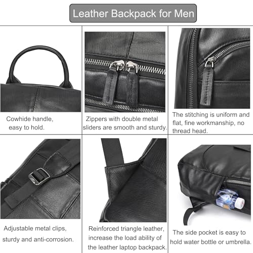 LUUFAN Genuine Leather Backpack for Men, Casual Weekender Backpack Multi Pockets 15.6 Inch Laptop Bag for Travel Business Outdoor, Black - Image 3