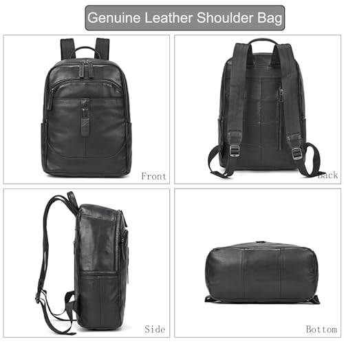 LUUFAN Genuine Leather Backpack for Men, Casual Weekender Backpack Multi Pockets 15.6 Inch Laptop Bag for Travel Business Outdoor, Black - Image 2