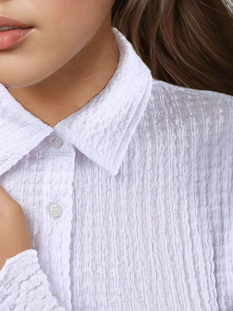 HICCUP White Textured Fitted Long Sleeve Shirt with Button Closure for Women | Best Price UAE