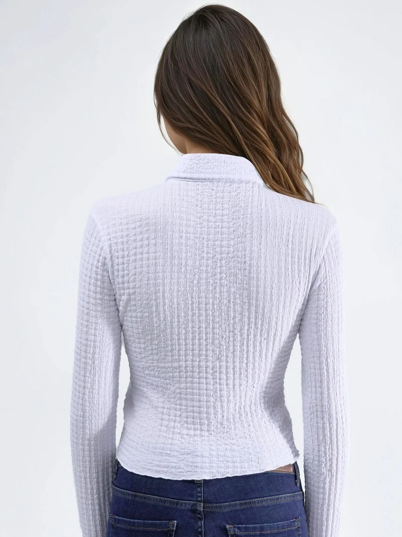 HICCUP White Textured Fitted Long Sleeve Shirt with Button Closure for Women | Best Price UAE