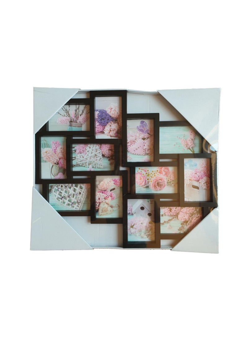Family photo frame, 12 photos, 3D, black, made of plastic and glass, in an overlapping photo design, measuring 61 x 53 cm.