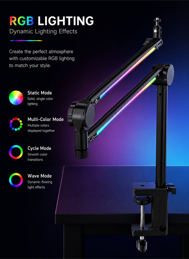 OULIYO RGB Microphone Boom Arm Stand with Adjustable Desk Clamp, 3/8 Inch and 5/8 Inch Mic Mount, Multi-Angle Arm for Gaming, Streaming, Podcasting and Recording, Black - Image 4