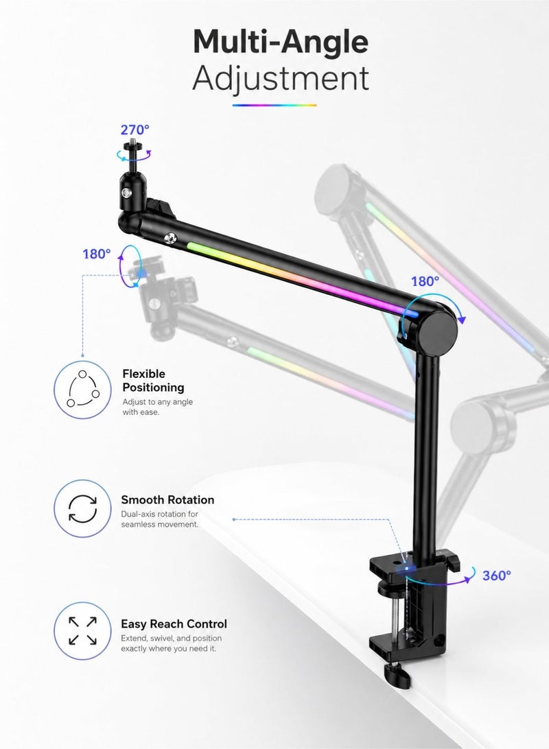 OULIYO RGB Microphone Boom Arm Stand with Adjustable Desk Clamp, 3/8 Inch and 5/8 Inch Mic Mount, Multi-Angle Arm for Gaming, Streaming, Podcasting and Recording, Black - Image 5