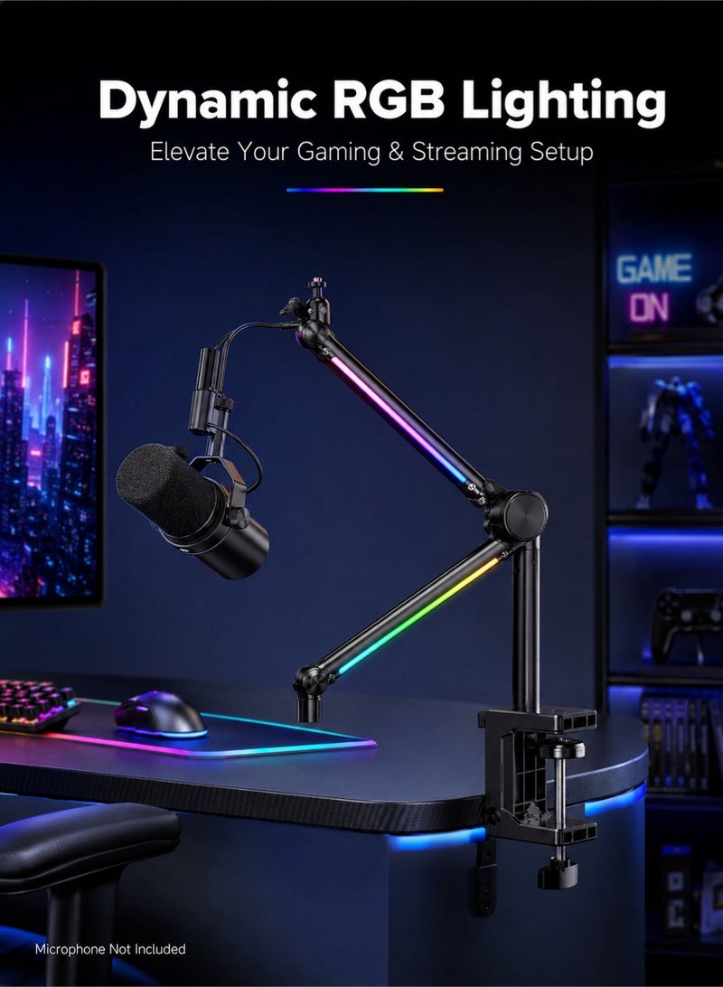 OULIYO RGB Microphone Boom Arm Stand with Adjustable Desk Clamp, 3/8 Inch and 5/8 Inch Mic Mount, Multi-Angle Arm for Gaming, Streaming, Podcasting and Recording, Black - Image 3