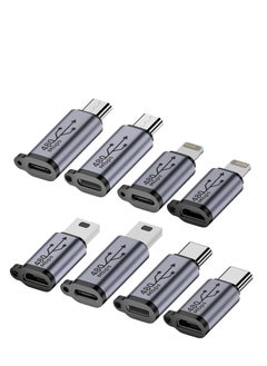 8 Pack USB C Lightning to Micro USB Adapter,  Micro USB and Lighting to USB C Extender, USB C Micro USB to Mini USB Connector use any interface, Black