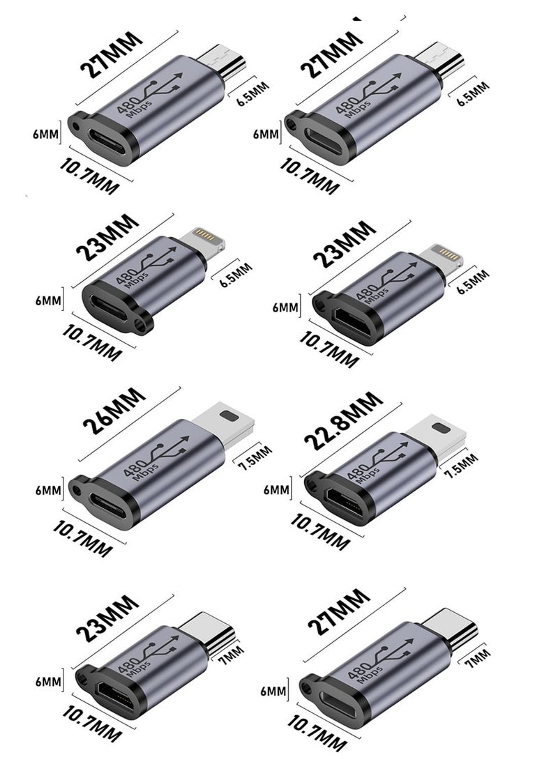 KASTWAVE - 8 Pack USB C Lightning to Micro USB Adapter,  Micro USB and Lighting to USB C Extender, USB C Micro USB to Mini USB Connector use any interface, Black - Image 1