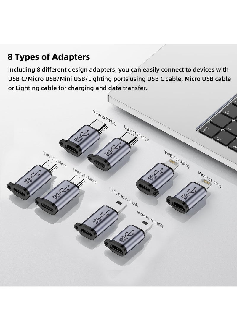 KASTWAVE - 8 Pack USB C Lightning to Micro USB Adapter,  Micro USB and Lighting to USB C Extender, USB C Micro USB to Mini USB Connector use any interface, Black - Image 1
