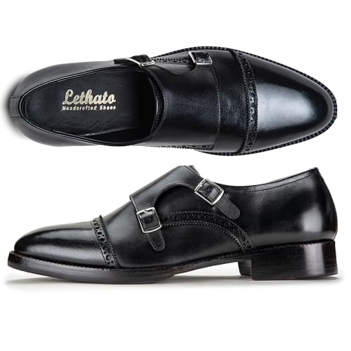 Lethato Handcrafted Men's Captoe Double Monk Strap Genuine Leather Modern Classic Dress Shoes- Black - Image 4