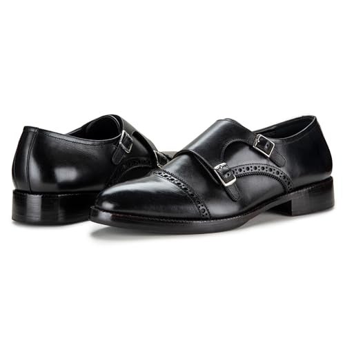 Lethato Handcrafted Men's Captoe Double Monk Strap Genuine Leather Modern Classic Dress Shoes- Black - Image 3