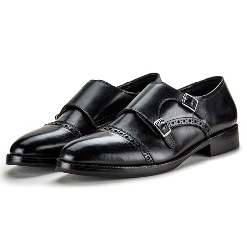 Lethato Handcrafted Men's Captoe Double Monk Strap Genuine Leather Modern Classic Dress Shoes- Black - Image 1