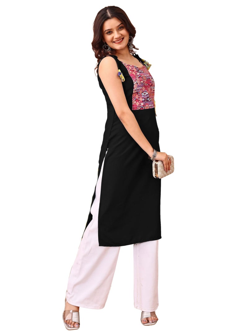 EthnicJunction Women's Rayon Patch Work Shouler Strep Navratri Speical Sleeveless Kurta Black - Image 1
