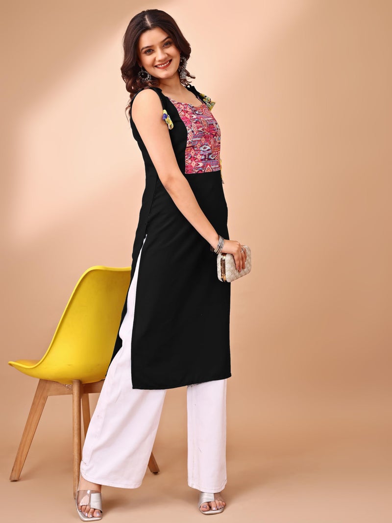 EthnicJunction Women's Rayon Patch Work Shouler Strep Navratri Speical Sleeveless Kurta Black - Image 3