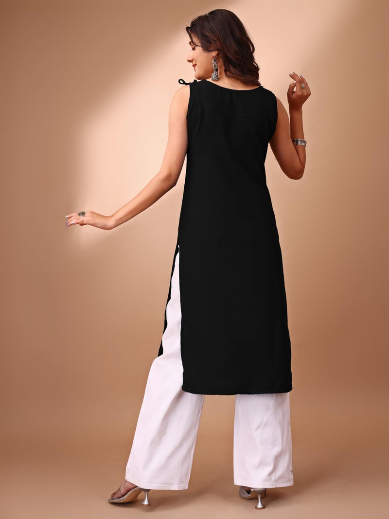 EthnicJunction Women's Rayon Patch Work Shouler Strep Navratri Speical Sleeveless Kurta Black - Image 5