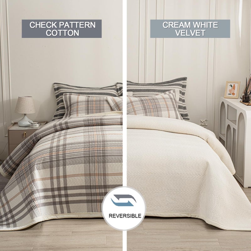 tohrisa Cotton Plaid Quilt Set, Ultra Soft 3 Pieces King Size Bedding with 2 Pillow Shams, Lightweight Reversible Coverlet Bedspread with Wave Quilting for Summer, 108"x96", Grid-Grey White - Image 2