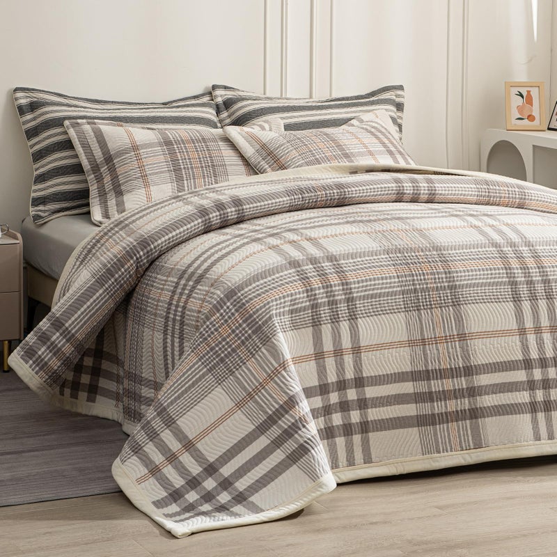 tohrisa Cotton Plaid Quilt Set, Ultra Soft 3 Pieces King Size Bedding with 2 Pillow Shams, Lightweight Reversible Coverlet Bedspread with Wave Quilting for Summer, 108"x96", Grid-Grey White - Image 1