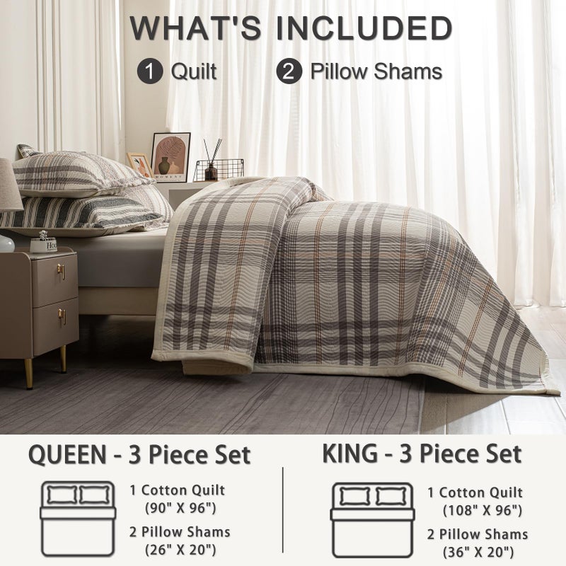 tohrisa Cotton Plaid Quilt Set, Ultra Soft 3 Pieces King Size Bedding with 2 Pillow Shams, Lightweight Reversible Coverlet Bedspread with Wave Quilting for Summer, 108"x96", Grid-Grey White - Image 5