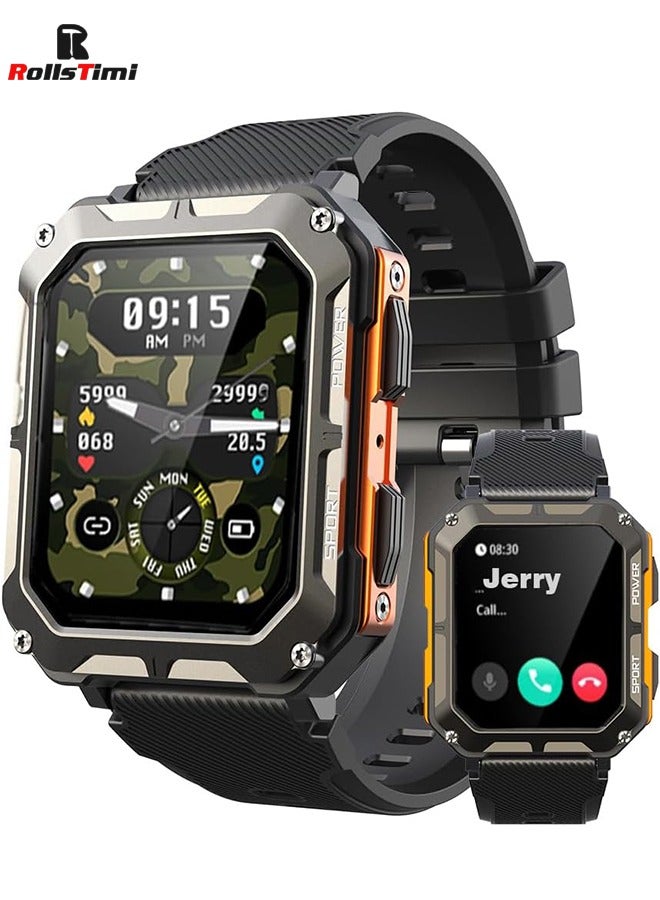 RollsTimi  Military Smart Watch for Men, Bluetooth Rugged Smart Watch, Bluetooth Call, AI Voice Assistant with HR Monitor (Orange) - Image 1