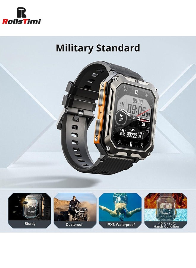 RollsTimi  Military Smart Watch for Men, Bluetooth Rugged Smart Watch, Bluetooth Call, AI Voice Assistant with HR Monitor (Orange) - Image 4