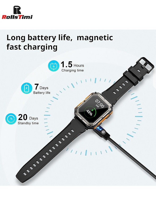 RollsTimi  Military Smart Watch for Men, Bluetooth Rugged Smart Watch, Bluetooth Call, AI Voice Assistant with HR Monitor (Orange) - Image 3