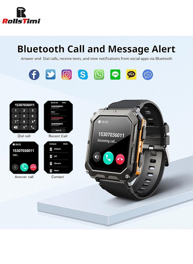 RollsTimi  Military Smart Watch for Men, Bluetooth Rugged Smart Watch, Bluetooth Call, AI Voice Assistant with HR Monitor (Orange) - Image 2