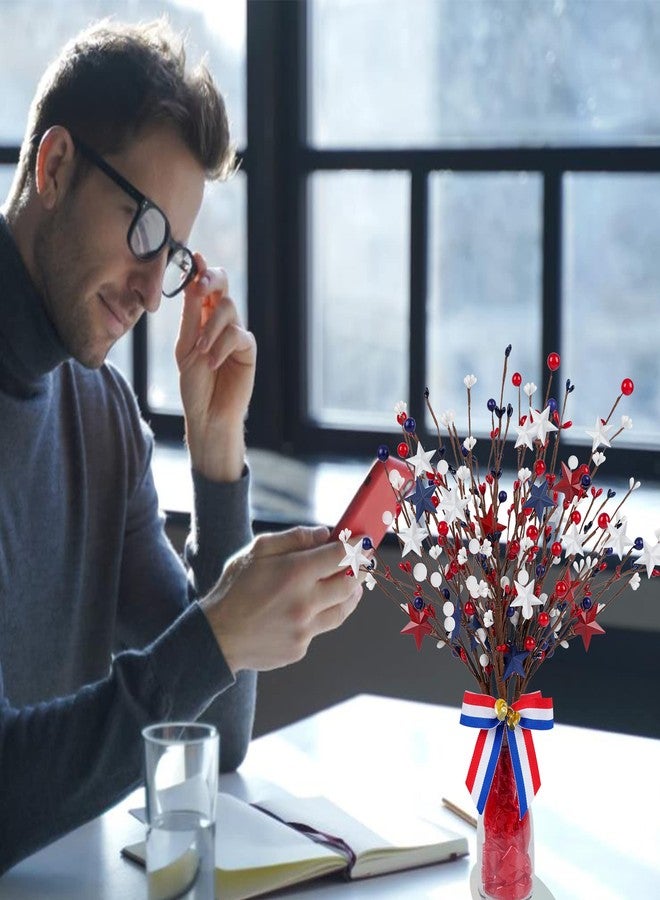 Shitailu 4 Pack Patriotic Artificial Berry Stem Picks White Blue Red Stars for 4th of July Independence Day, Pentagram Faux Berry Branches Decoration for Home Office Restaurant Vase Décor - Image 5