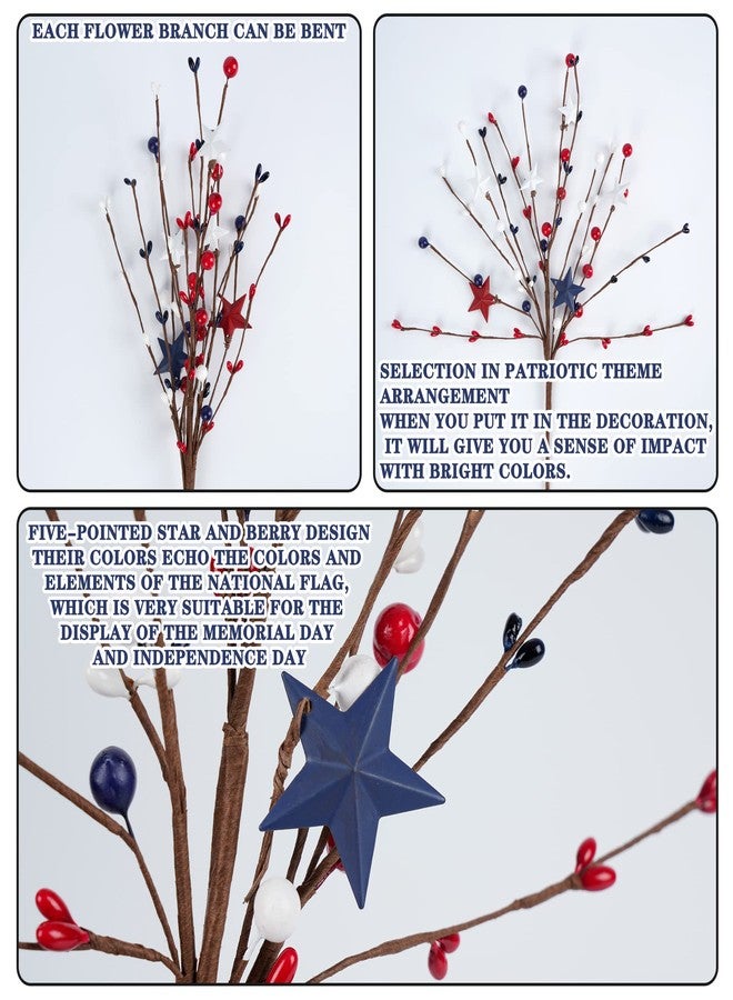 Shitailu 4 Pack Patriotic Artificial Berry Stem Picks White Blue Red Stars for 4th of July Independence Day, Pentagram Faux Berry Branches Decoration for Home Office Restaurant Vase Décor - Image 3