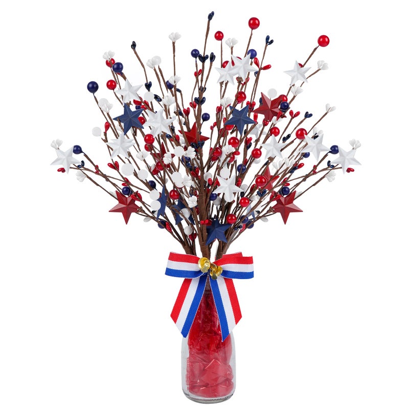 Shitailu 4 Pack Patriotic Artificial Berry Stem Picks White Blue Red Stars for 4th of July Independence Day, Pentagram Faux Berry Branches Decoration for Home Office Restaurant Vase Décor - Image 1