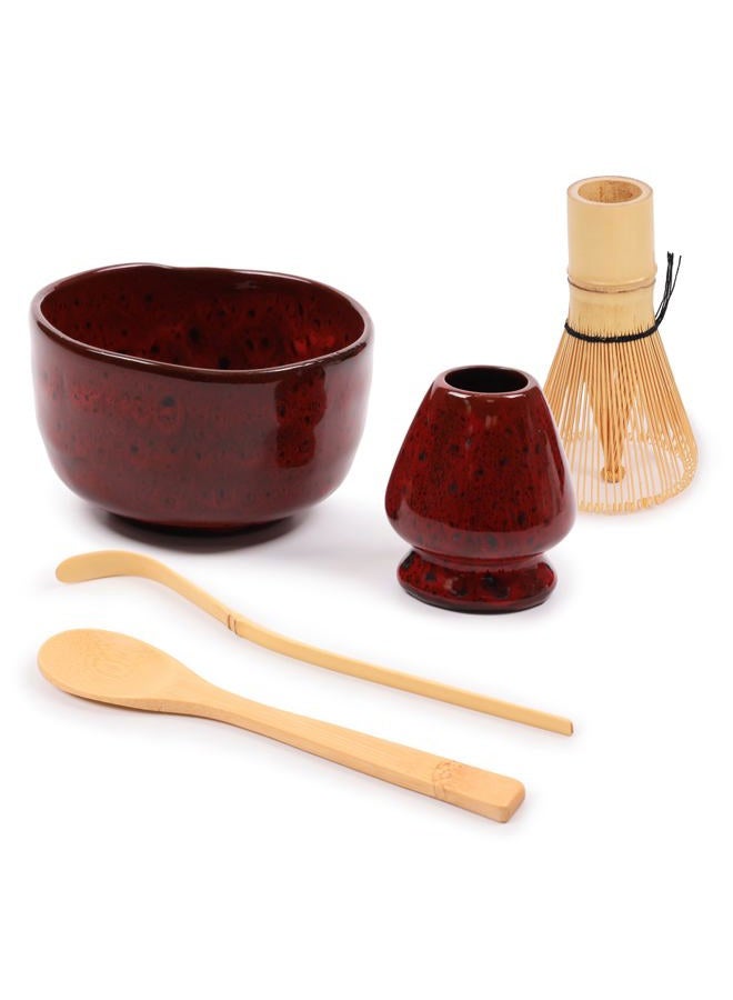 BambooMN Matcha Bowl Set (Includes Bowl, Rest, Tea Whisk, Chasaku & Tea Spoon) 1 Set Deep Red w/Black - Image 1
