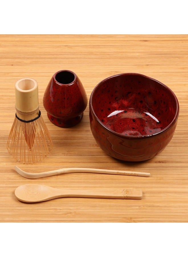 BambooMN Matcha Bowl Set (Includes Bowl, Rest, Tea Whisk, Chasaku & Tea Spoon) 1 Set Deep Red w/Black - Image 3