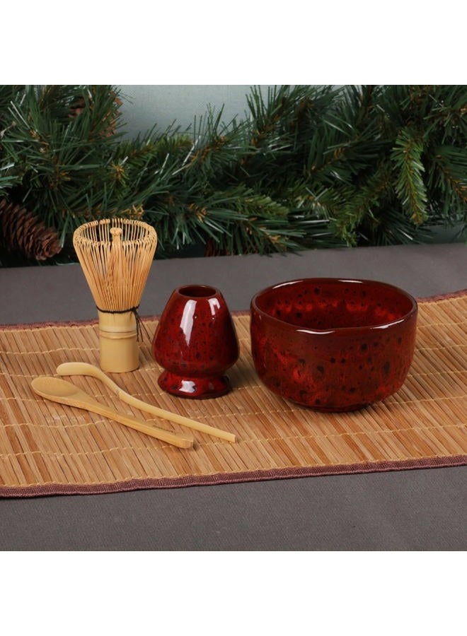 BambooMN Matcha Bowl Set (Includes Bowl, Rest, Tea Whisk, Chasaku & Tea Spoon) 1 Set Deep Red w/Black - Image 2