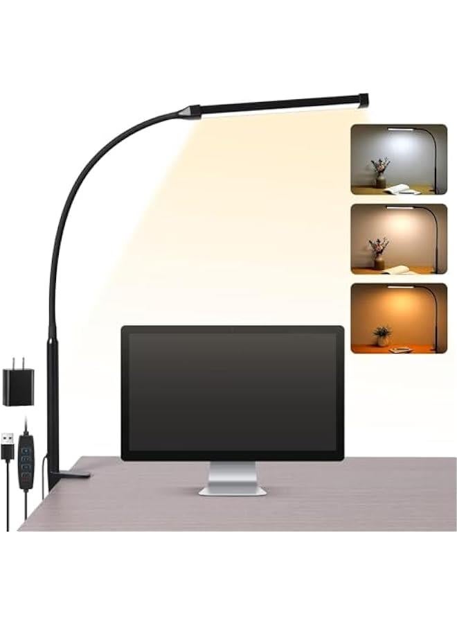 هوكور مصباح مكتب LED مع مشبك من ار سي كو، 3 اوضاع و10 درجات سطوع، مصابيح بمشبك للعناية بالعين للمكتب المنزلي، رقبة اوزة مرنة طويلة، معدن، مصباح طاولة مهام مهندس معماري بذراع متارجح (اسود) - Image 1