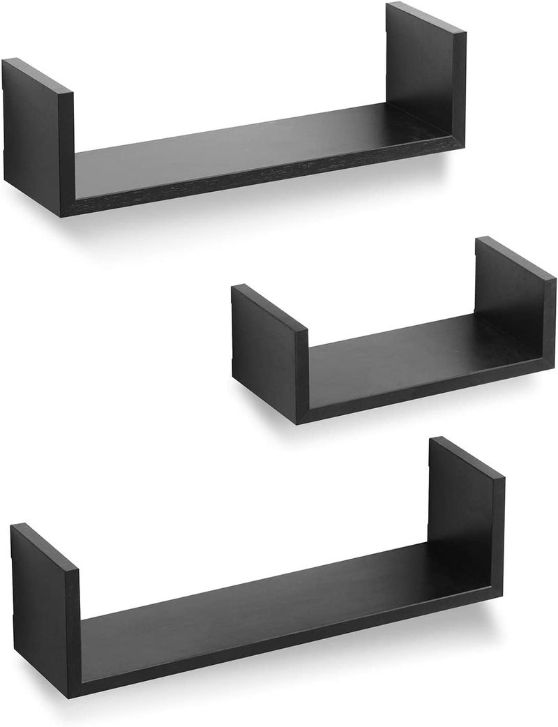 Hyper Stock Float U Shape Decorative Shelf Floating Shelf Pack of 3 Different Sizes Easy to Install 12mil Thick Wood Shelf Wall Mount for Bedroom,Bathroom,Kitchen,Living Room and Office (Black) - Image 1