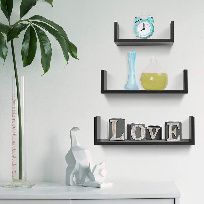Hyper Stock Float U Shape Decorative Shelf Floating Shelf Pack of 3 Different Sizes Easy to Install 12mil Thick Wood Shelf Wall Mount for Bedroom,Bathroom,Kitchen,Living Room and Office (Black) - Image 4