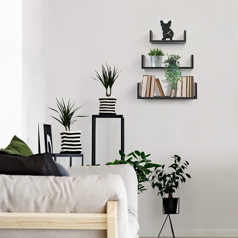 Hyper Stock Float U Shape Decorative Shelf Floating Shelf Pack of 3 Different Sizes Easy to Install 12mil Thick Wood Shelf Wall Mount for Bedroom,Bathroom,Kitchen,Living Room and Office (Black) - Image 3