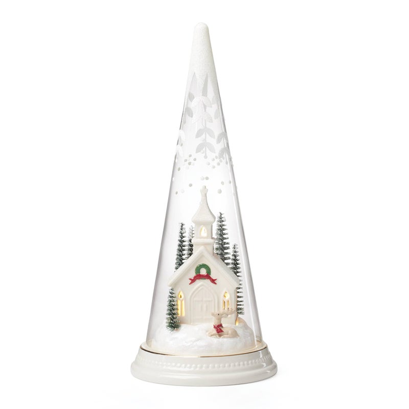 Lenox 896634 Lit Christmas Cone with Church Scene Holiday Decor