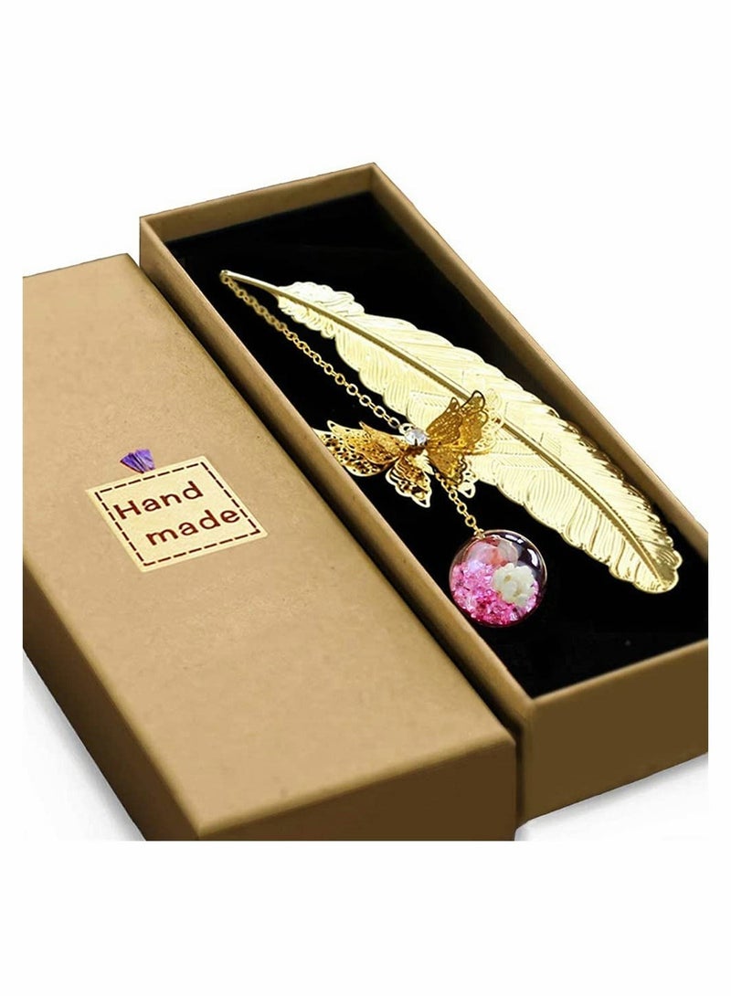 KASTWAVE Feather Bookmark, Vintage Style Metal Feather Bookmark Gifts, Handmade Butterfly and Dried Flower Bead Charms, A Suitable Gift for Women, Mom, Girls, and Teachers - Image 1