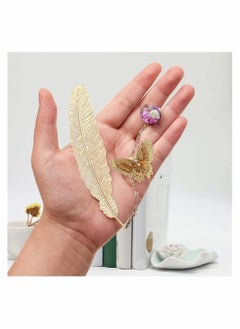 KASTWAVE Feather Bookmark, Vintage Style Metal Feather Bookmark Gifts, Handmade Butterfly and Dried Flower Bead Charms, A Suitable Gift for Women, Mom, Girls, and Teachers  - Image 4