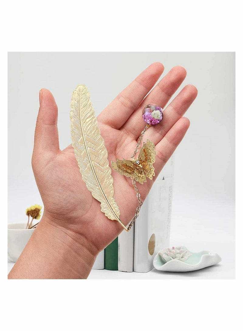 KASTWAVE Feather Bookmark, Vintage Style Metal Feather Bookmark Gifts, Handmade Butterfly and Dried Flower Bead Charms, A Suitable Gift for Women, Mom, Girls, and Teachers - Image 4