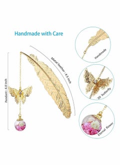 KASTWAVE Feather Bookmark, Vintage Style Metal Feather Bookmark Gifts, Handmade Butterfly and Dried Flower Bead Charms, A Suitable Gift for Women, Mom, Girls, and Teachers  - Image 5