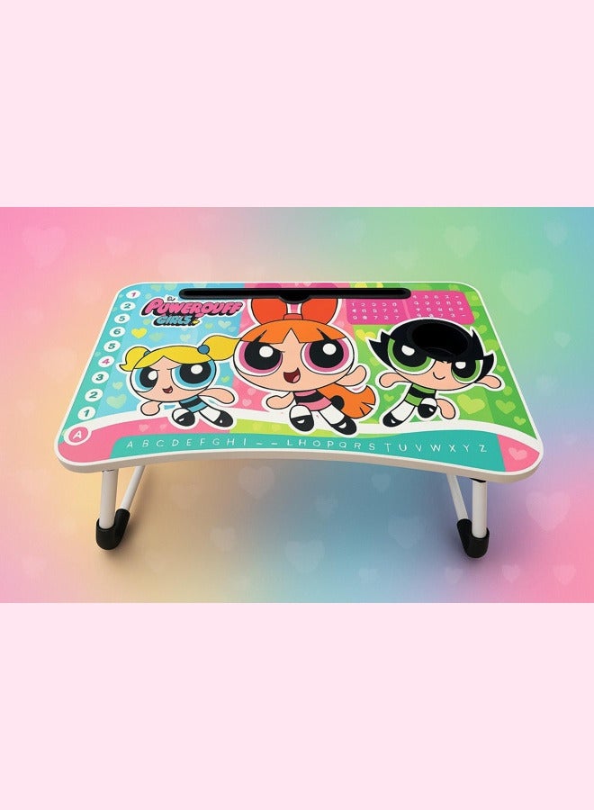 باورباف جيرلز طاولة لابتوب قابلة للطي بتصميم باور باف غيرلز | طاولة دراسة وكتابة وألعاب خفيفة | طاولة سرير لتناول الطعام | خفيفة الوزن مع حامل كوب وثابتة على جميع الأسطح | مناسبة للأطفال والكبار