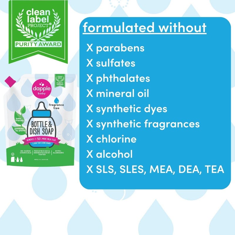 dapple صابون زجاجات الأطفال دابل، صابون أطباق مضاد للحساسية لزجاجات الأطفال، مدعوم بالنباتات، خالي من العطور، 34 أونصة سائلة (عبوة من 2) - Image 3