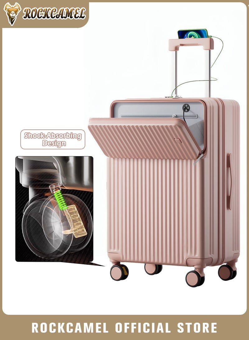 ROCKCAMEL أمتعة أمامية مفتوحة للحمل، بعجلات ماصة للصدمات، أمتعة سفر خفيفة الوزن مع منفذ شحن USB وحامل هاتف وحامل كوب وخطاف جانبي، تصميم علوي مسطح، حقيبة بقشرة صلبة (وردي، 20 بوصة) - Image 1