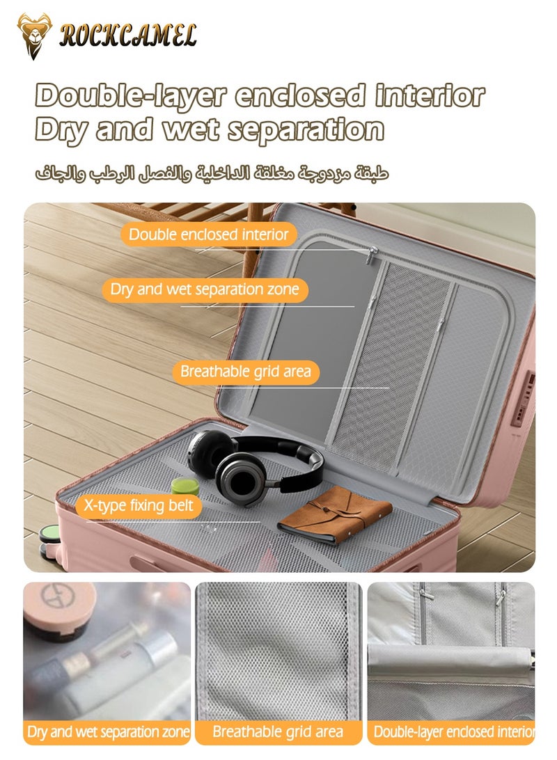 ROCKCAMEL أمتعة أمامية مفتوحة للحمل، بعجلات ماصة للصدمات، أمتعة سفر خفيفة الوزن مع منفذ شحن USB وحامل هاتف وحامل كوب وخطاف جانبي، تصميم علوي مسطح، حقيبة بقشرة صلبة (وردي، 20 بوصة) - Image 3
