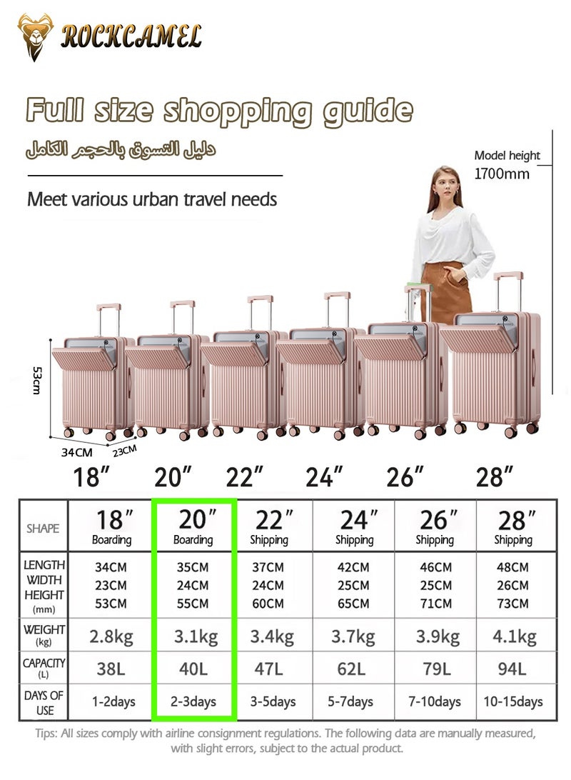 ROCKCAMEL أمتعة أمامية مفتوحة للحمل، بعجلات ماصة للصدمات، أمتعة سفر خفيفة الوزن مع منفذ شحن USB وحامل هاتف وحامل كوب وخطاف جانبي، تصميم علوي مسطح، حقيبة بقشرة صلبة (وردي، 20 بوصة) - Image 5