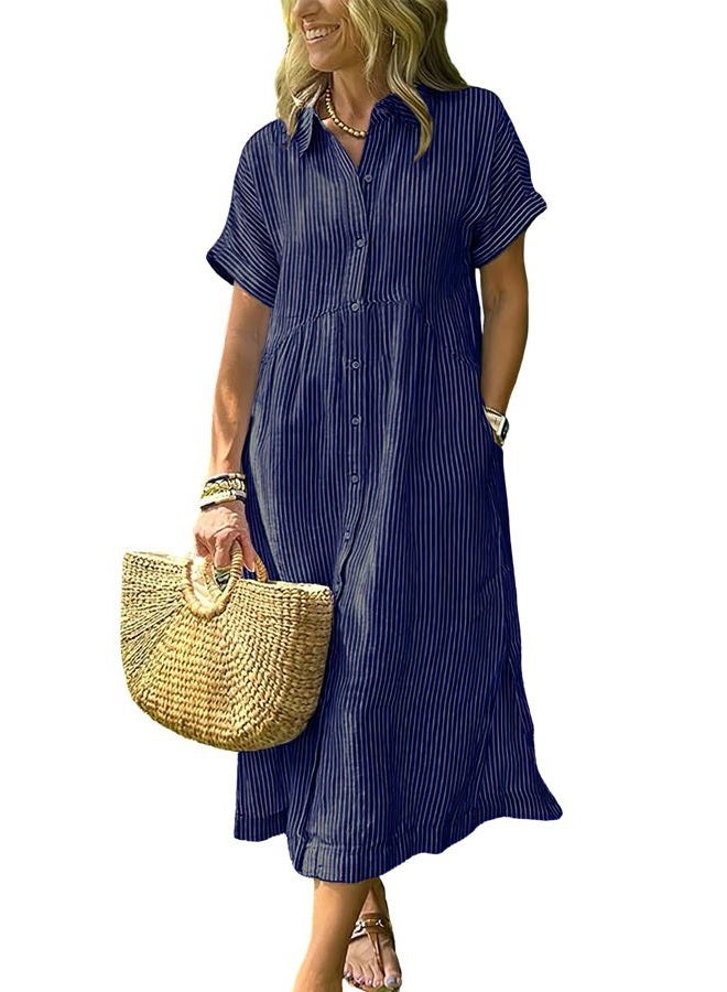 ebossy Women's Boho Striped Shirt Dress Button Up Side Slit Loose Mid Long Cotton Dress with Pockets, Dark Blue, S - Image 1