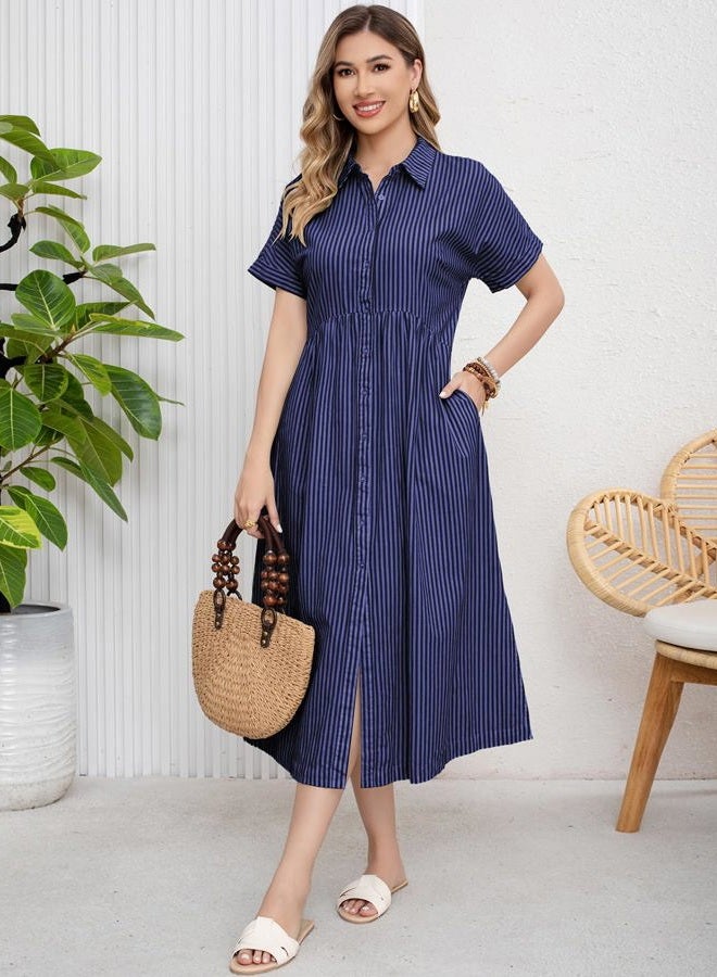 ebossy Women's Boho Striped Shirt Dress Button Up Side Slit Loose Mid Long Cotton Dress with Pockets, Dark Blue, S - Image 3