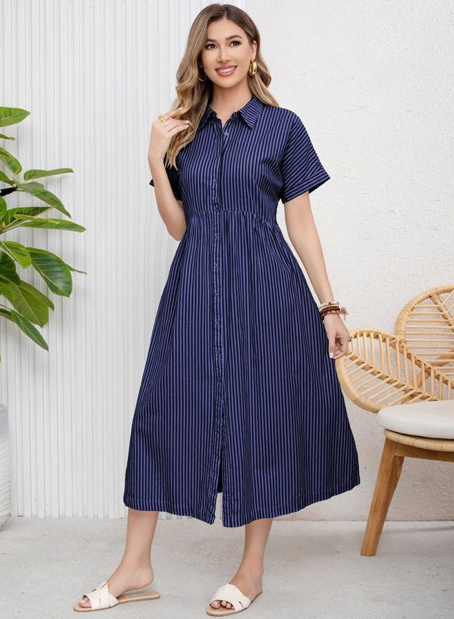 ebossy Women's Boho Striped Shirt Dress Button Up Side Slit Loose Mid Long Cotton Dress with Pockets, Dark Blue, S - Image 2